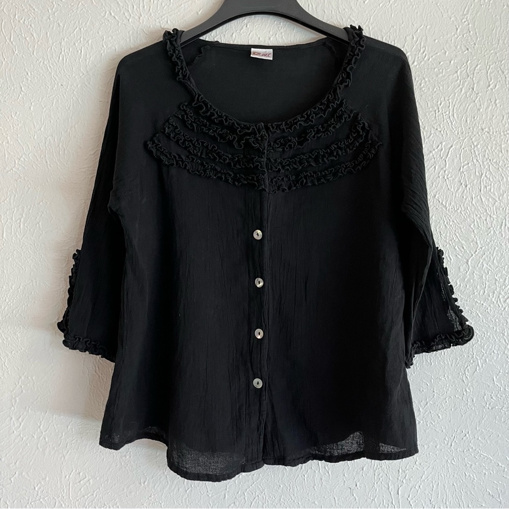 SOLD Oh My Gauze Black 3/4 sleeve Cotton Blouse Size 1 button up
